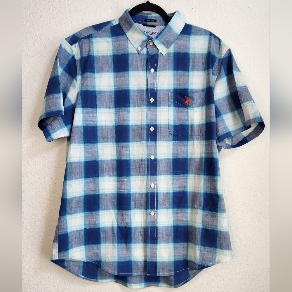Men's U. S. Polo‎ Assn. Short Sleeve Button-Down Blue Plaid Shirt, Size XL